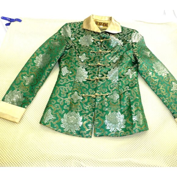 Bo Ai Hao Fu Tops - Elegant Green & Gold Asian-Inspired Brocade Jacket With Frog Closures & Satin Ac